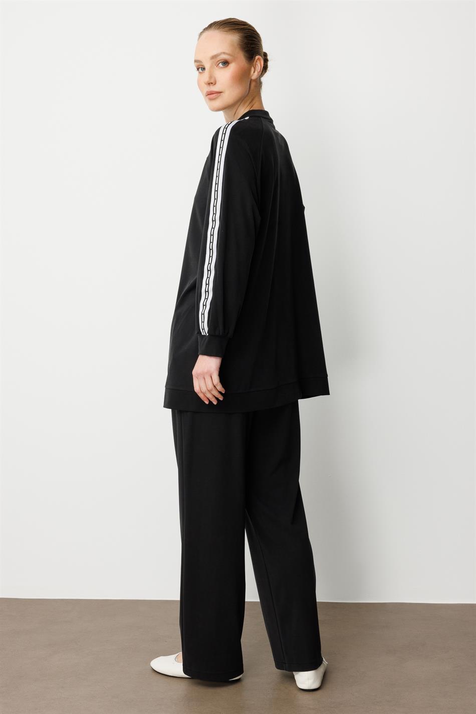 Zachte modal gebreide stof (55% natuurlijke micel) broekenset met afwerking - Zwart