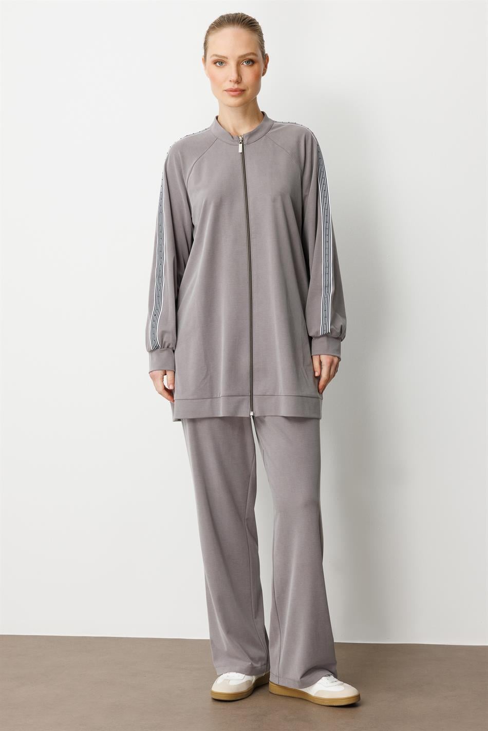 Soft Modal Örme (miccel %55 doğal) İçerikli Garnili Detaylı Pantolon Kombin Takım-Gri