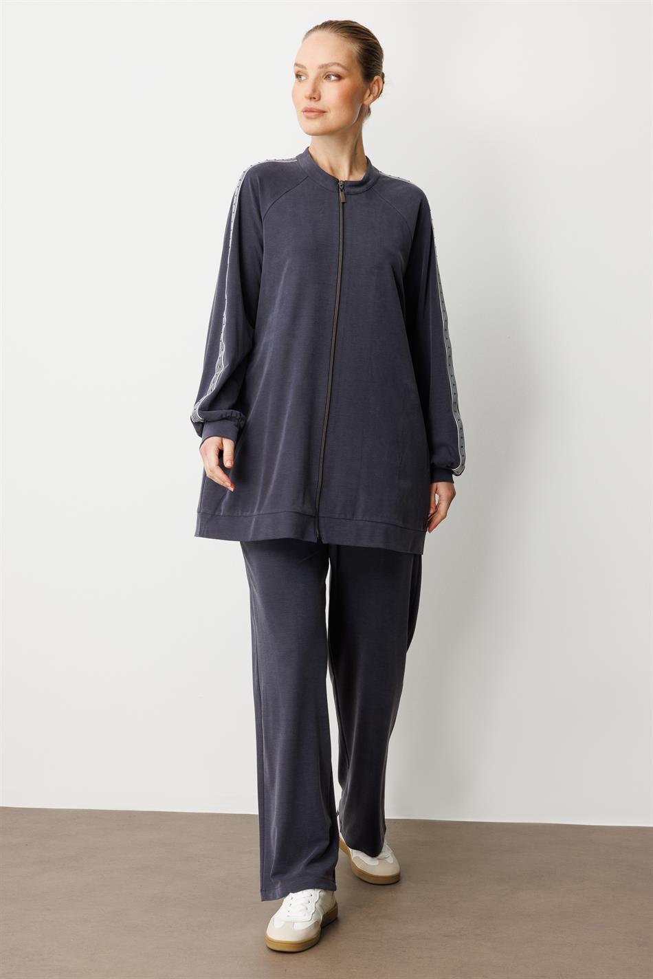 Zachte modal gebreide stof (55% natuurlijke micel) broekenset met afwerking - marineblauw