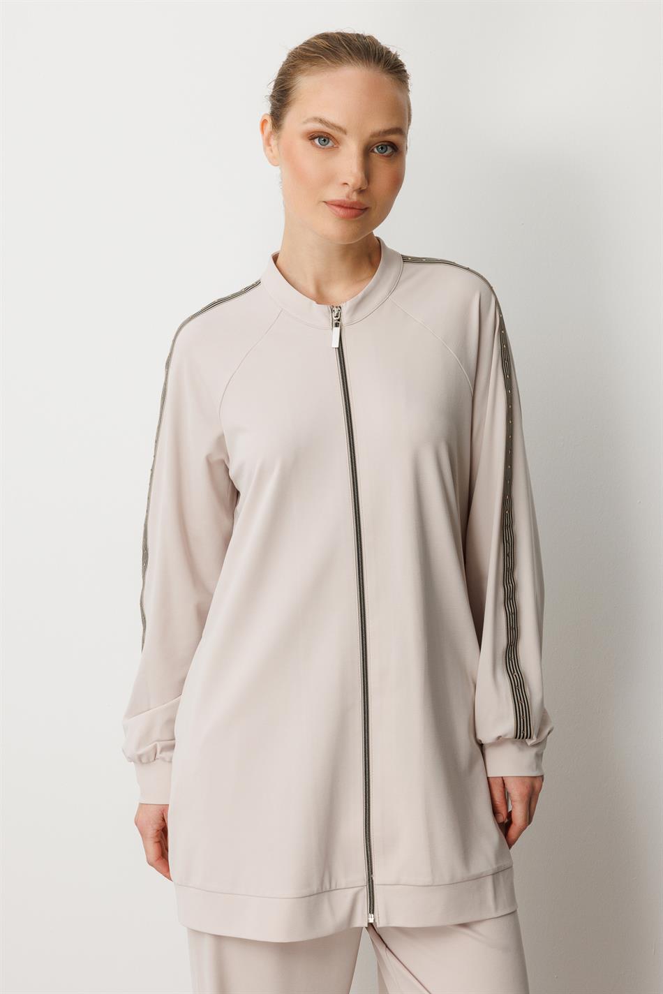 Zachte modal gebreide stof (55% natuurlijke micel) broekenset met afwerking - Steenkleur