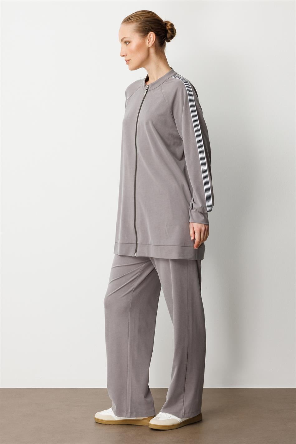 Soft Modal Örme (miccel %55 doğal) İçerikli Garnili Detaylı Pantolon Kombin Takım-Gri