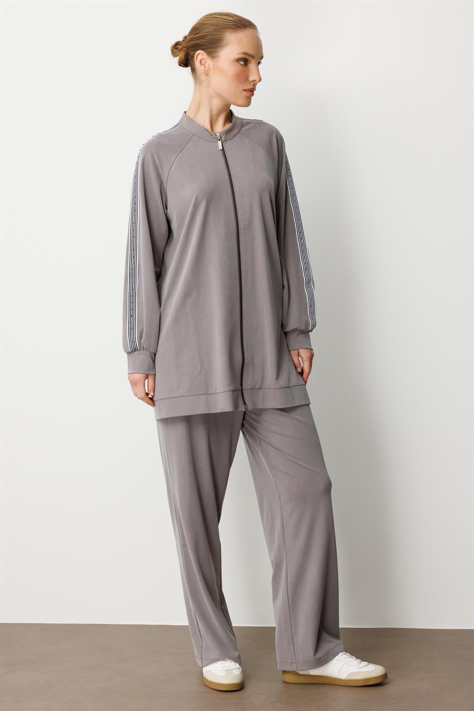 Soft Modal Örme (miccel %55 doğal) İçerikli Garnili Detaylı Pantolon Kombin Takım-Gri