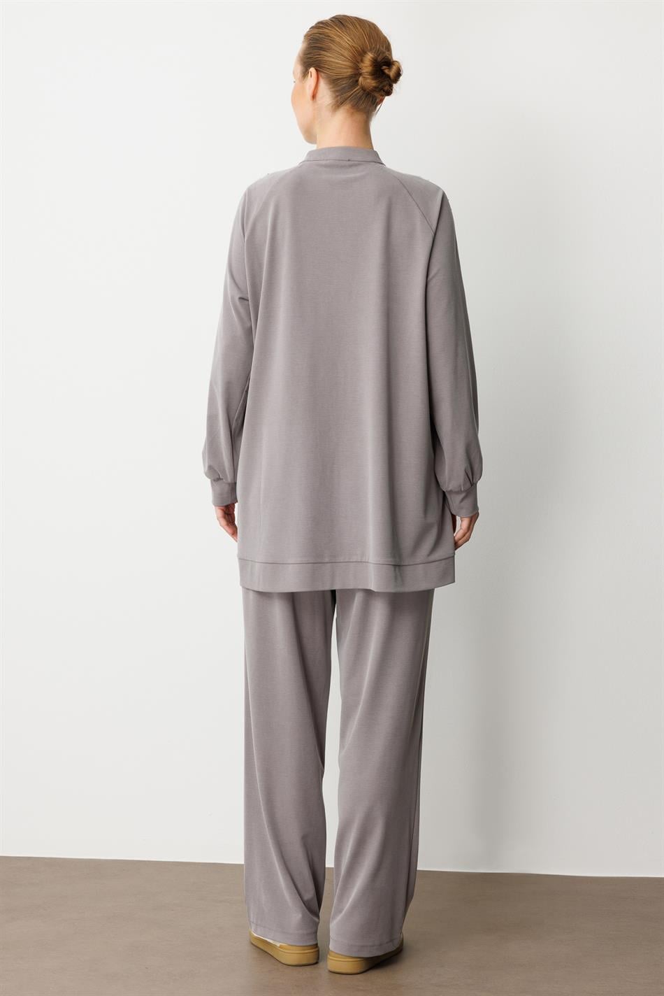 Soft Modal Örme (miccel %55 doğal) İçerikli Garnili Detaylı Pantolon Kombin Takım-Gri