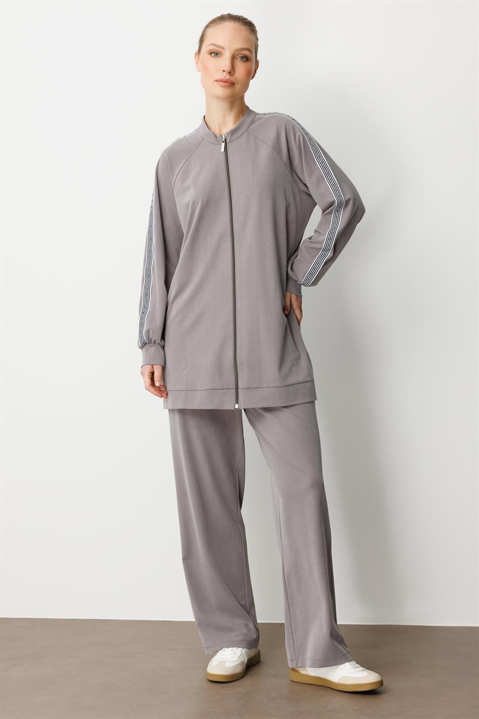 Soft Modal Örme (miccel %55 doğal) İçerikli Garnili Detaylı Pantolon Kombin Takım-Gri