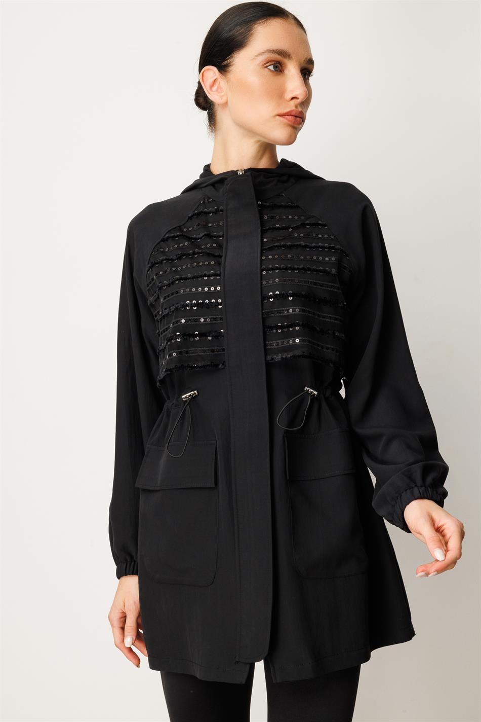 Yumşaq Modal Parıltılı Xüsusi Orta Uzunluqlu Palto - Qara