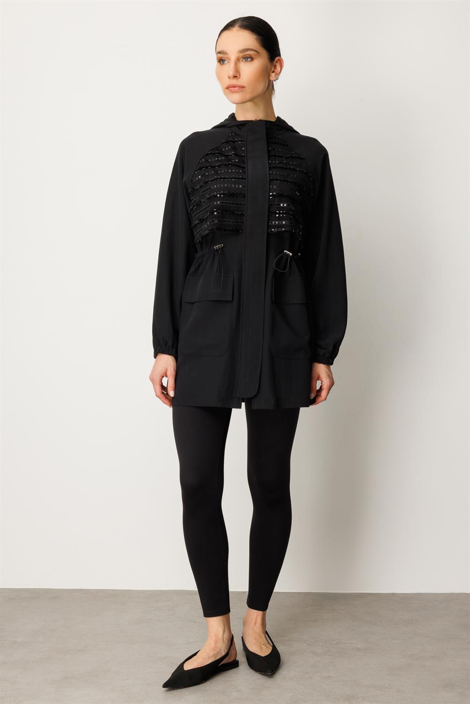 Yumşaq Modal Parıltılı Xüsusi Orta Uzunluqlu Palto - Qara