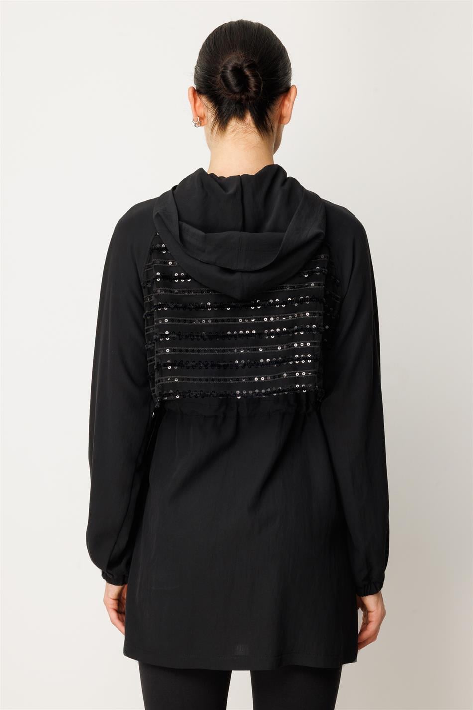 Yumşaq Modal Parıltılı Xüsusi Orta Uzunluqlu Palto - Qara