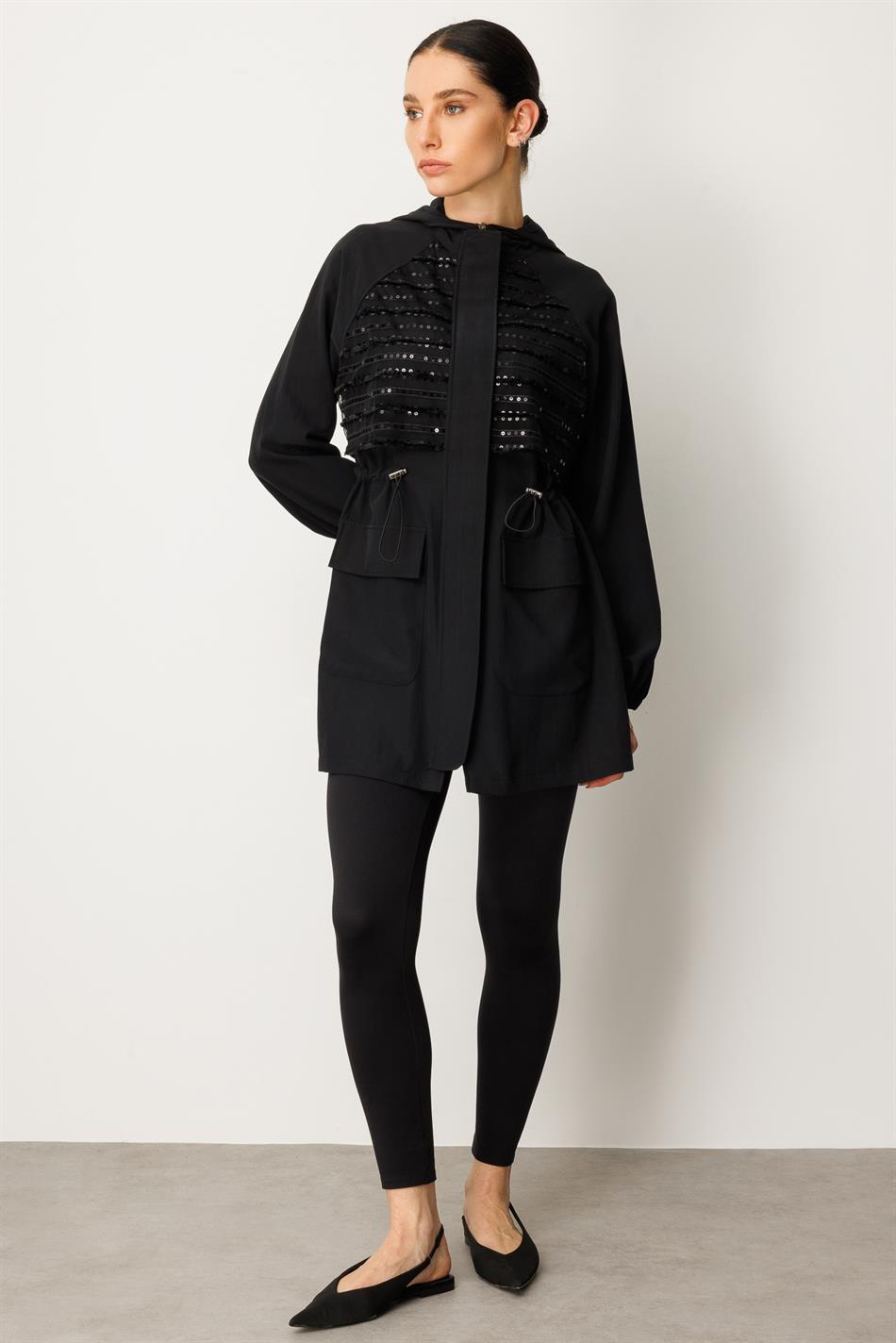 Yumşaq Modal Parıltılı Xüsusi Orta Uzunluqlu Palto - Qara