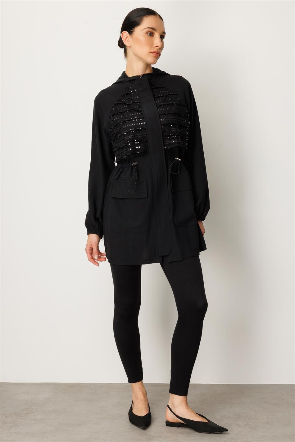 Yumşaq Modal Parıltılı Xüsusi Orta Uzunluqlu Palto - Qara