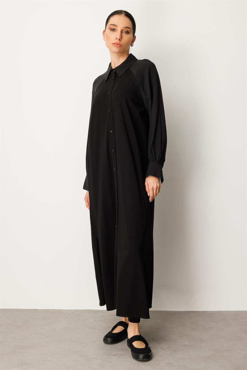 Abaya-Kleid aus weichem Modal mit Raglanärmeln und Baumwollstrick – Schwarz