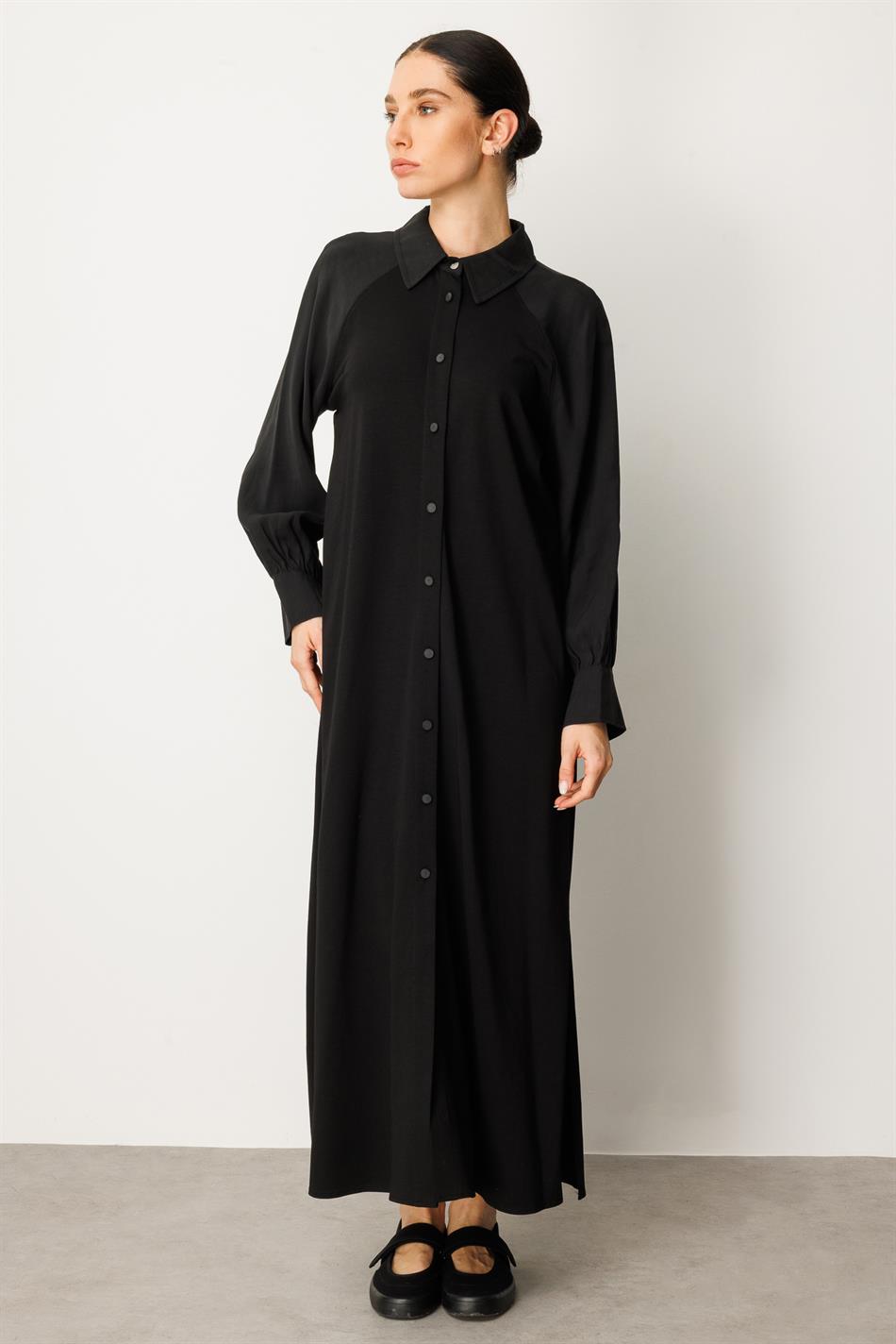 Abaya-Kleid aus weichem Modal mit Raglanärmeln und Baumwollstrick – Schwarz