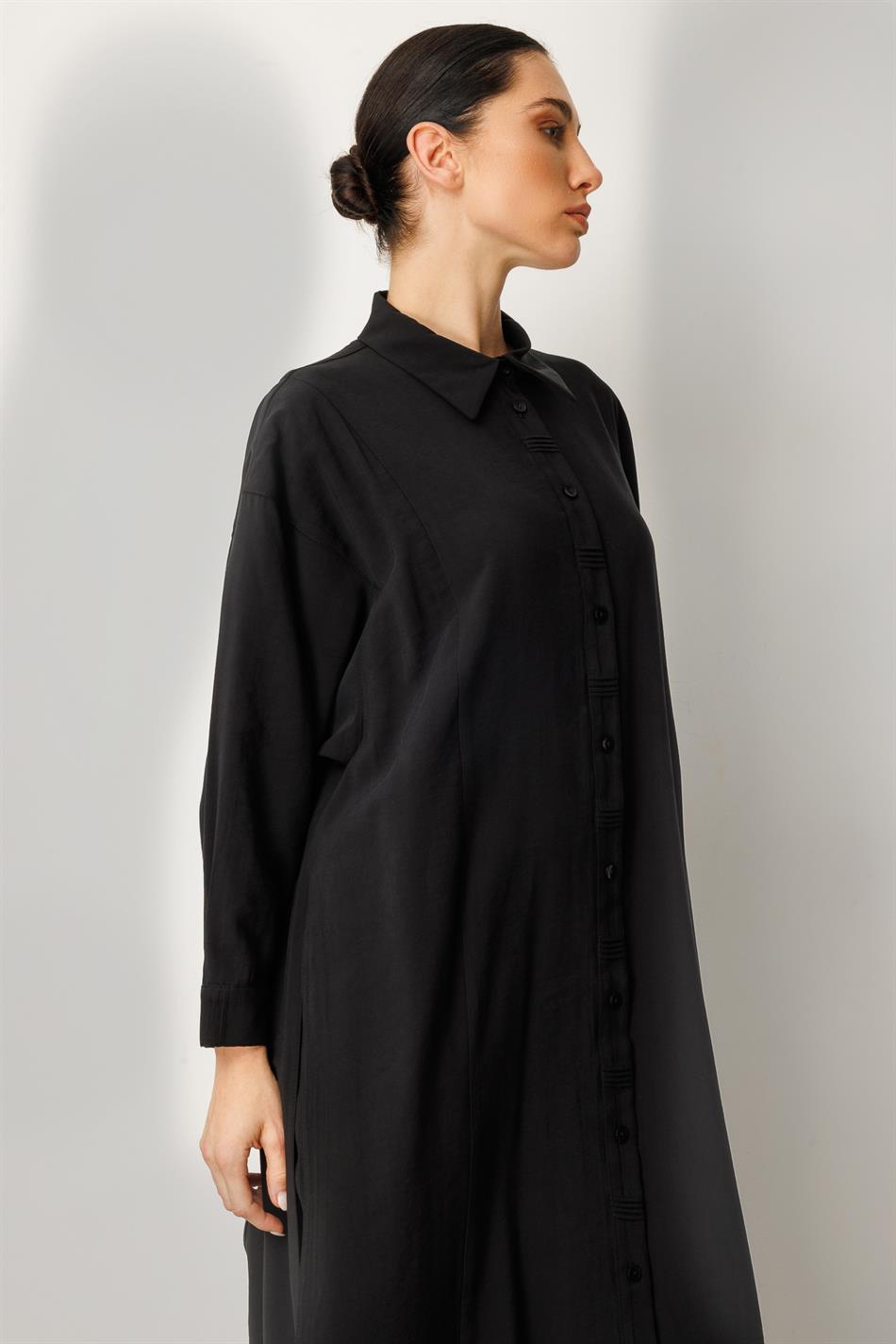 Soft Modal Yırtmaç ve Ön Beden ile Detaylandırılmış Elbise Kap-Siyah