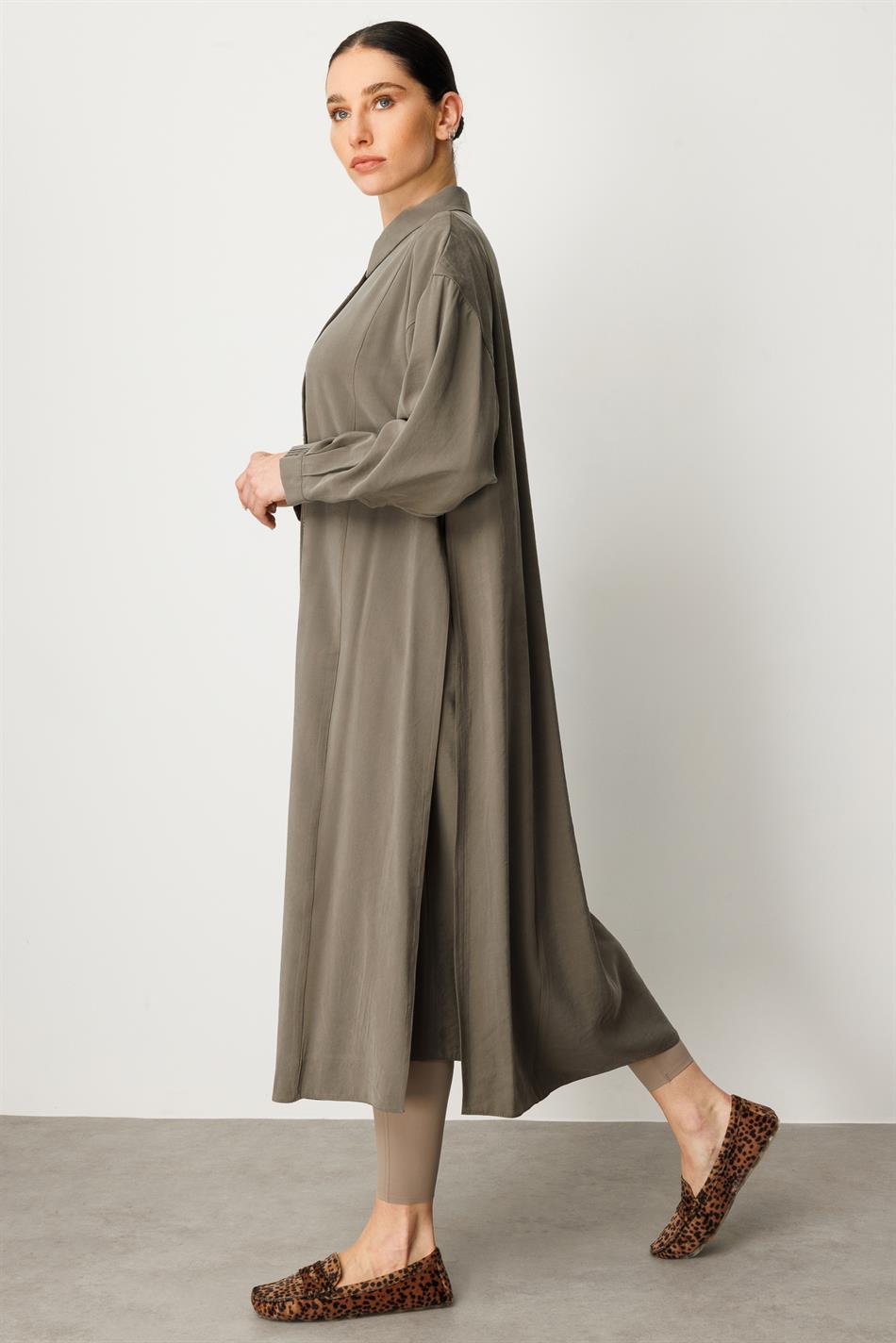 Ətraflı kəsikli və ön hissəli yumşaq modal don - Xaki