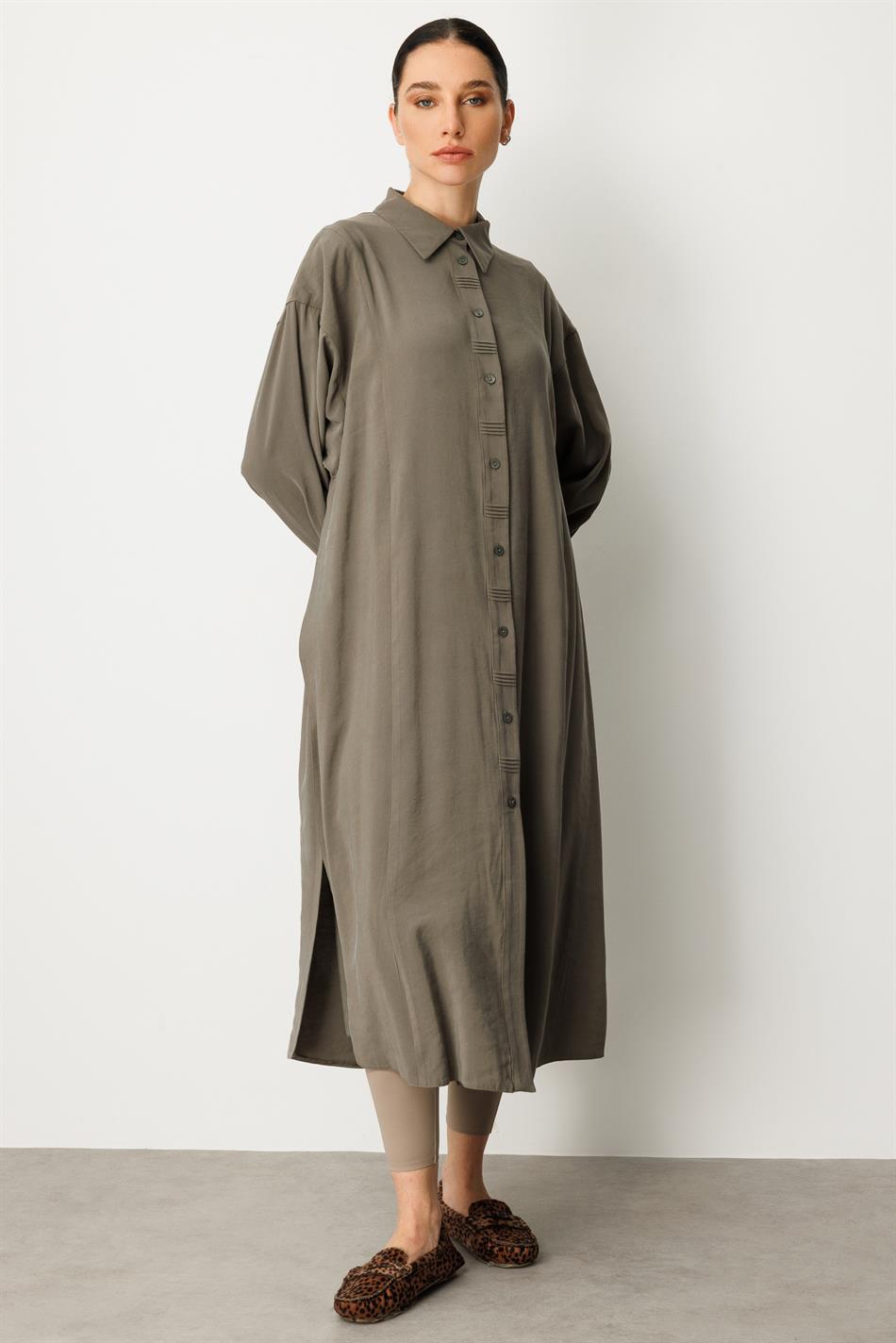 Ətraflı kəsikli və ön hissəli yumşaq modal don - Xaki