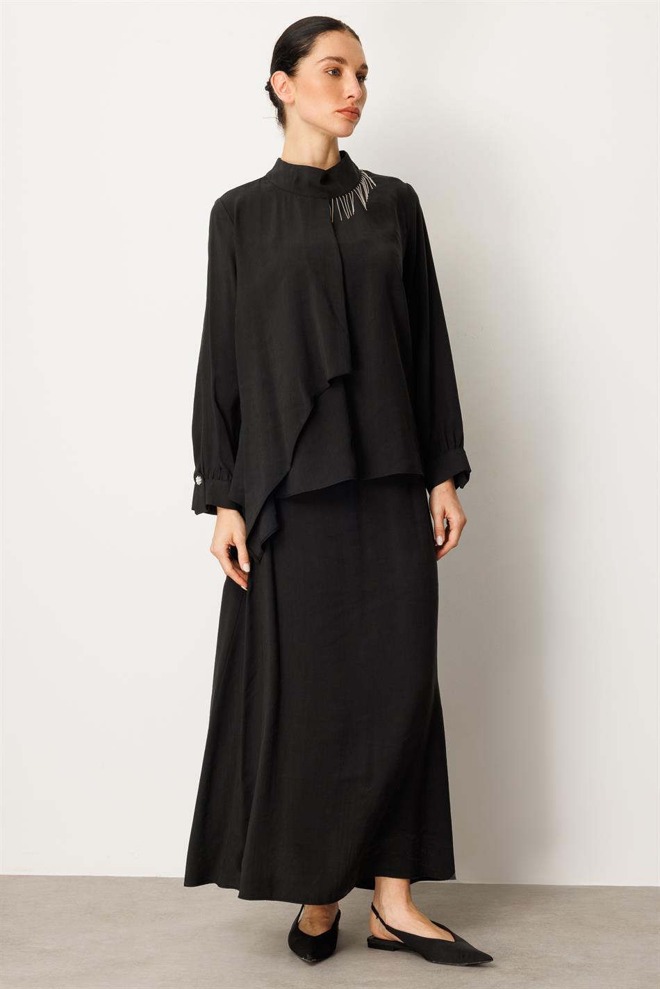 Soft Modal Zincir Garnili Etek ve Tunik Kombin Takım-Siyah