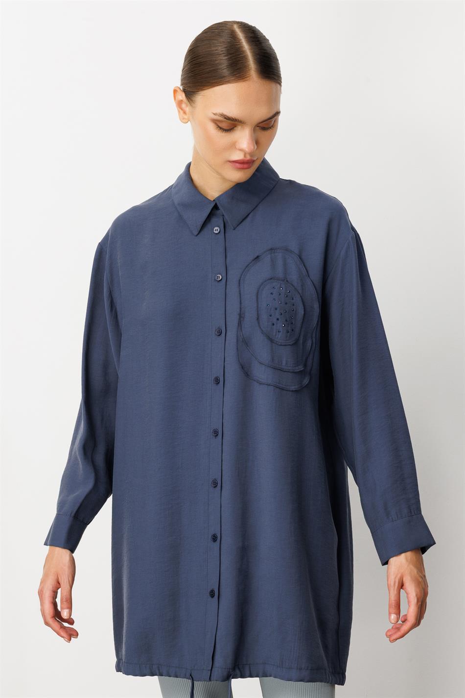 Zachte, handgemaakte tuniek van modal (90%) met geborduurde bloemen - marineblauw