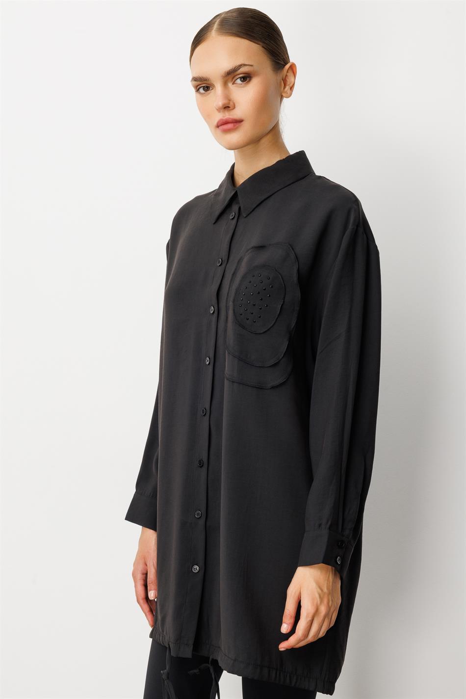 Soft Modal(%90) İçerikli Elişi Çiçek İşlemeli Tunik-Siyah