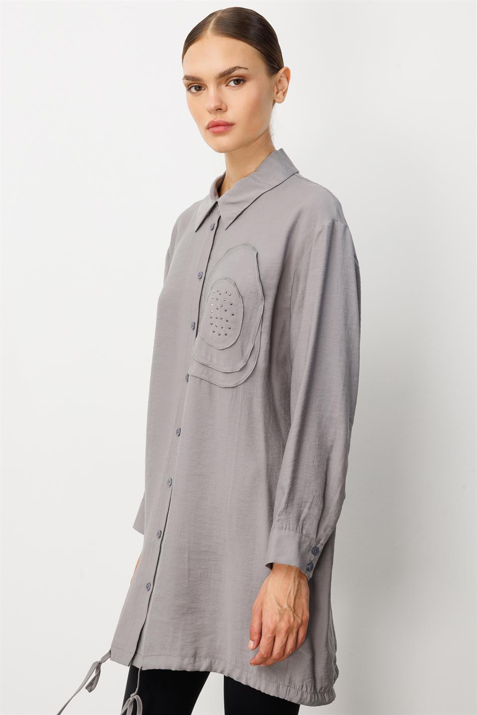 Zachte modal (90%) handgemaakte tuniek met geborduurde bloemen - grijs