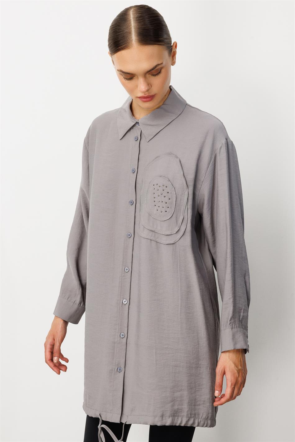 Zachte modal (90%) handgemaakte tuniek met geborduurde bloemen - grijs