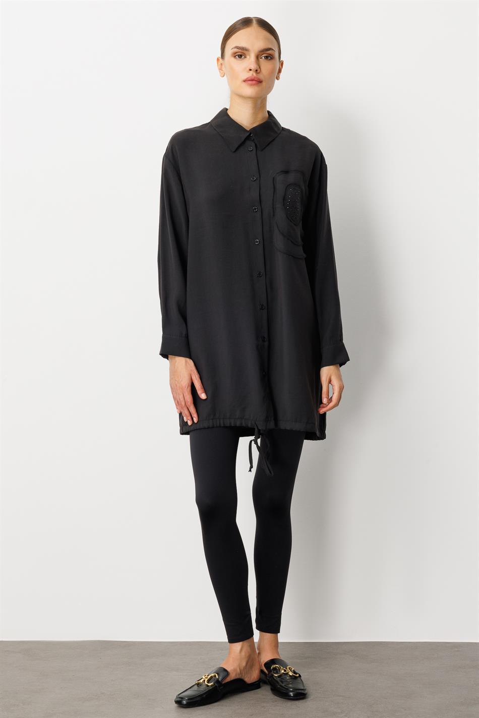 Soft Modal(%90) İçerikli Elişi Çiçek İşlemeli Tunik-Siyah