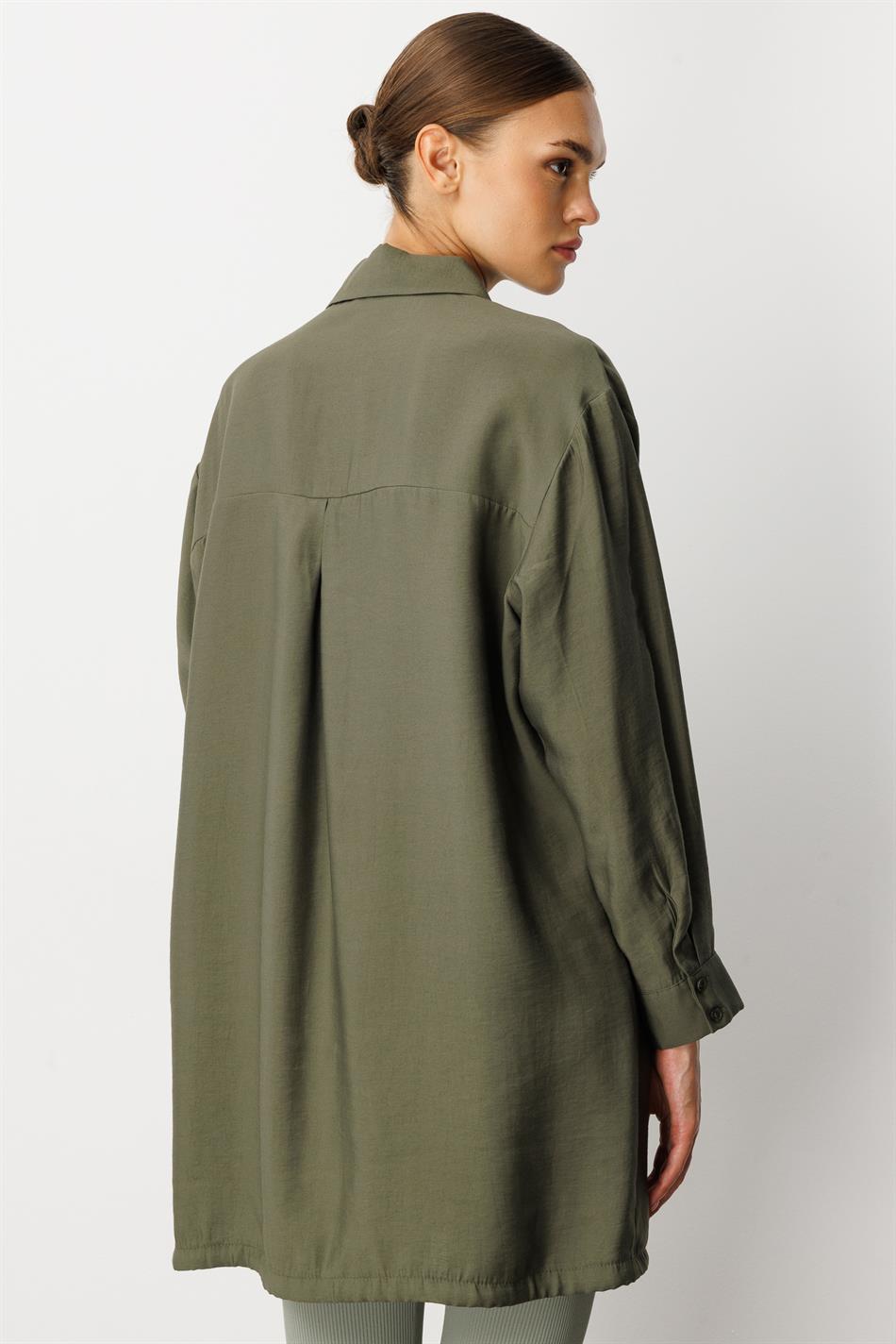 Zachte modal (90%) handgemaakte tuniek met geborduurde bloemen - kaki