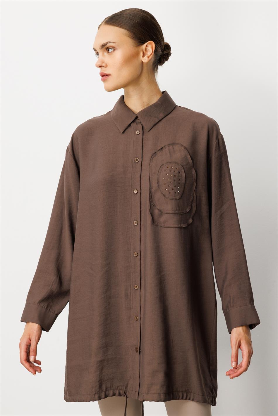 Zachte modal (90%) handgemaakte tuniek met geborduurde bloemen - bruin