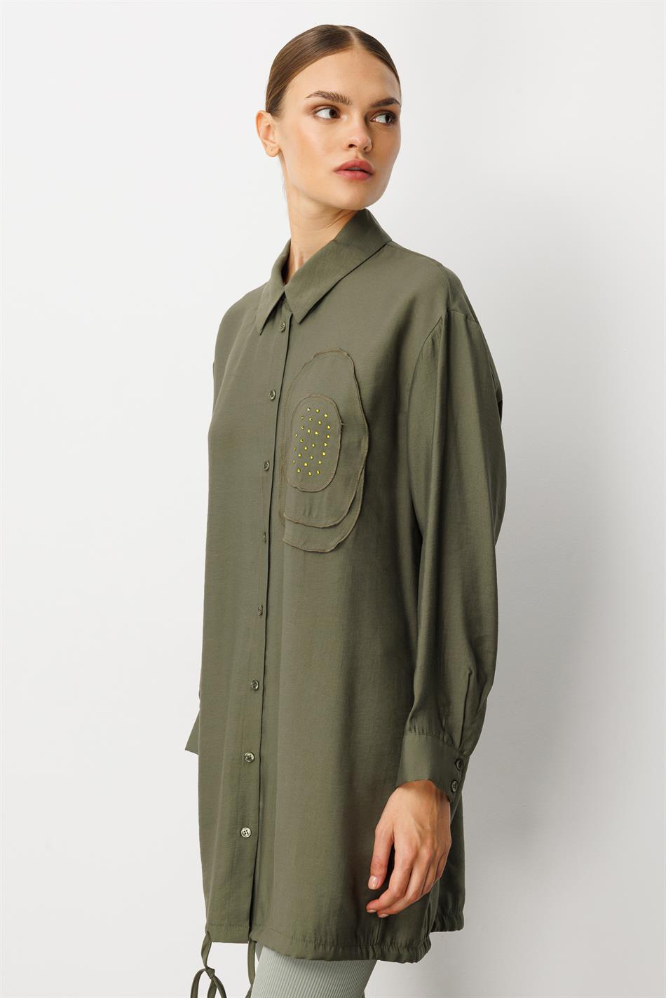 Zachte modal (90%) handgemaakte tuniek met geborduurde bloemen - kaki