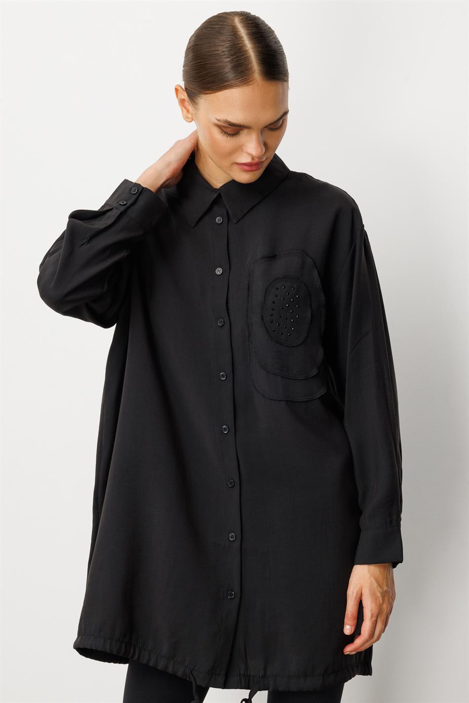 Soft Modal(%90) İçerikli Elişi Çiçek İşlemeli Tunik-Siyah