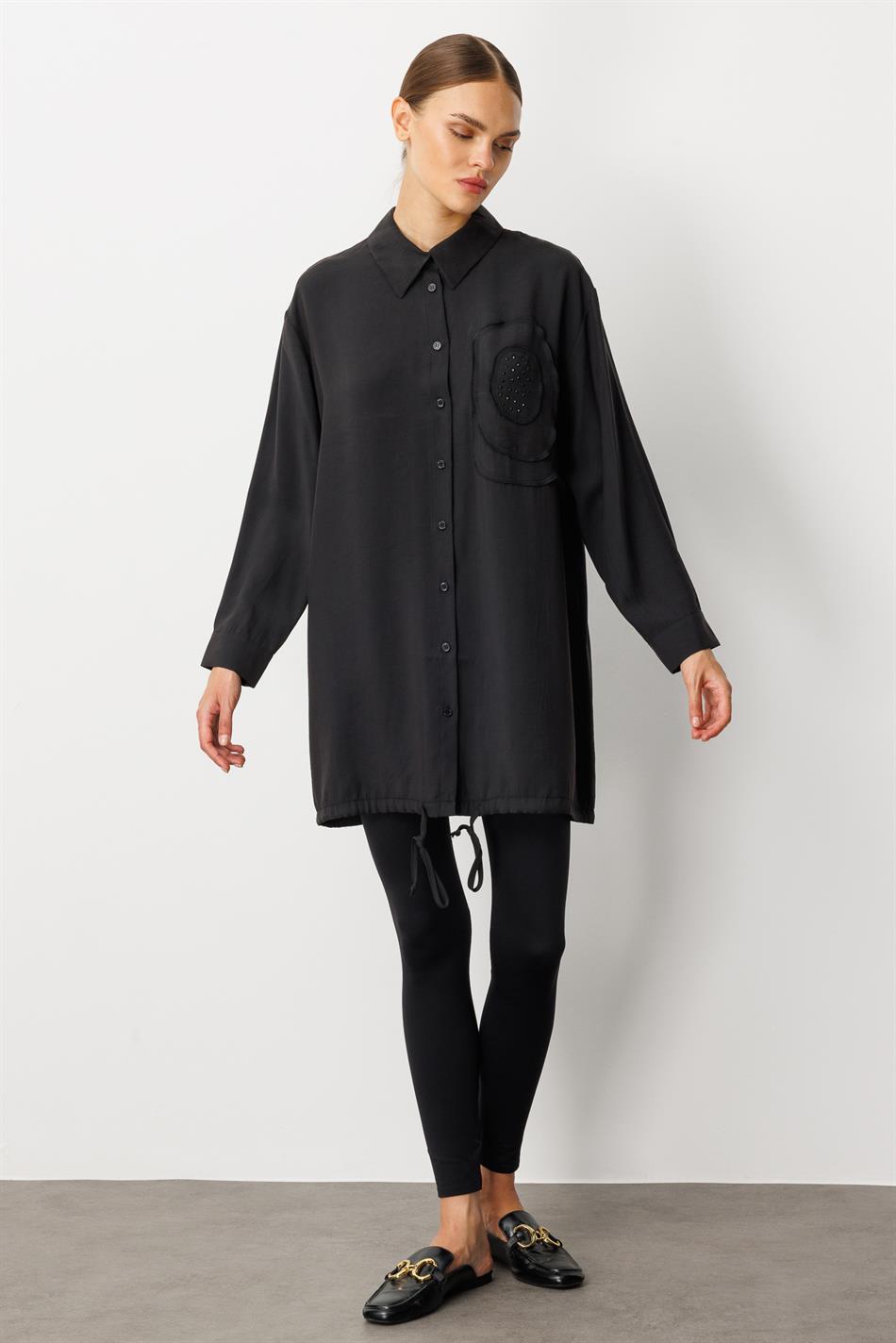 Soft Modal(%90) İçerikli Elişi Çiçek İşlemeli Tunik-Siyah