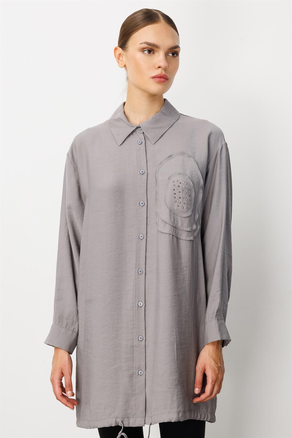 Zachte modal (90%) handgemaakte tuniek met geborduurde bloemen - grijs