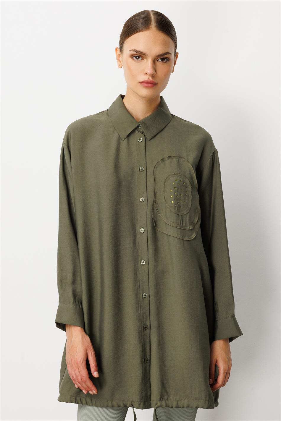 Zachte modal (90%) handgemaakte tuniek met geborduurde bloemen - kaki