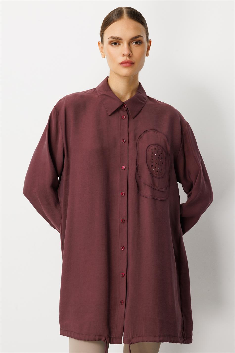 Handgemaakte tuniek met bloemenborduurwerk, gemaakt van zachte modal (90%) - bordeauxrood