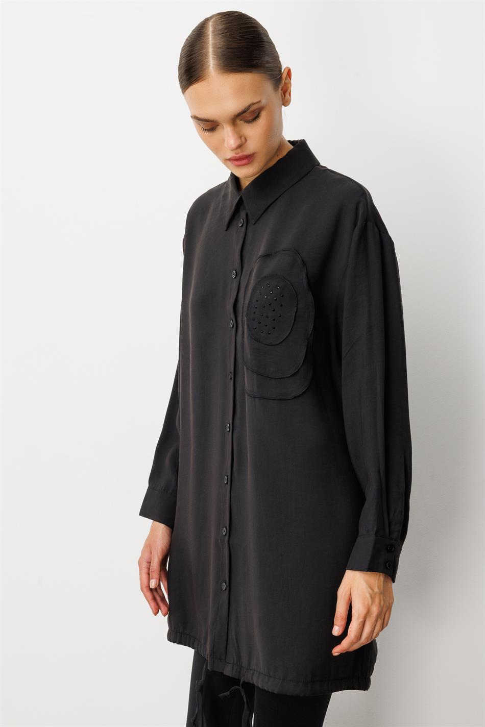 Soft Modal(%90) İçerikli Elişi Çiçek İşlemeli Tunik-Siyah