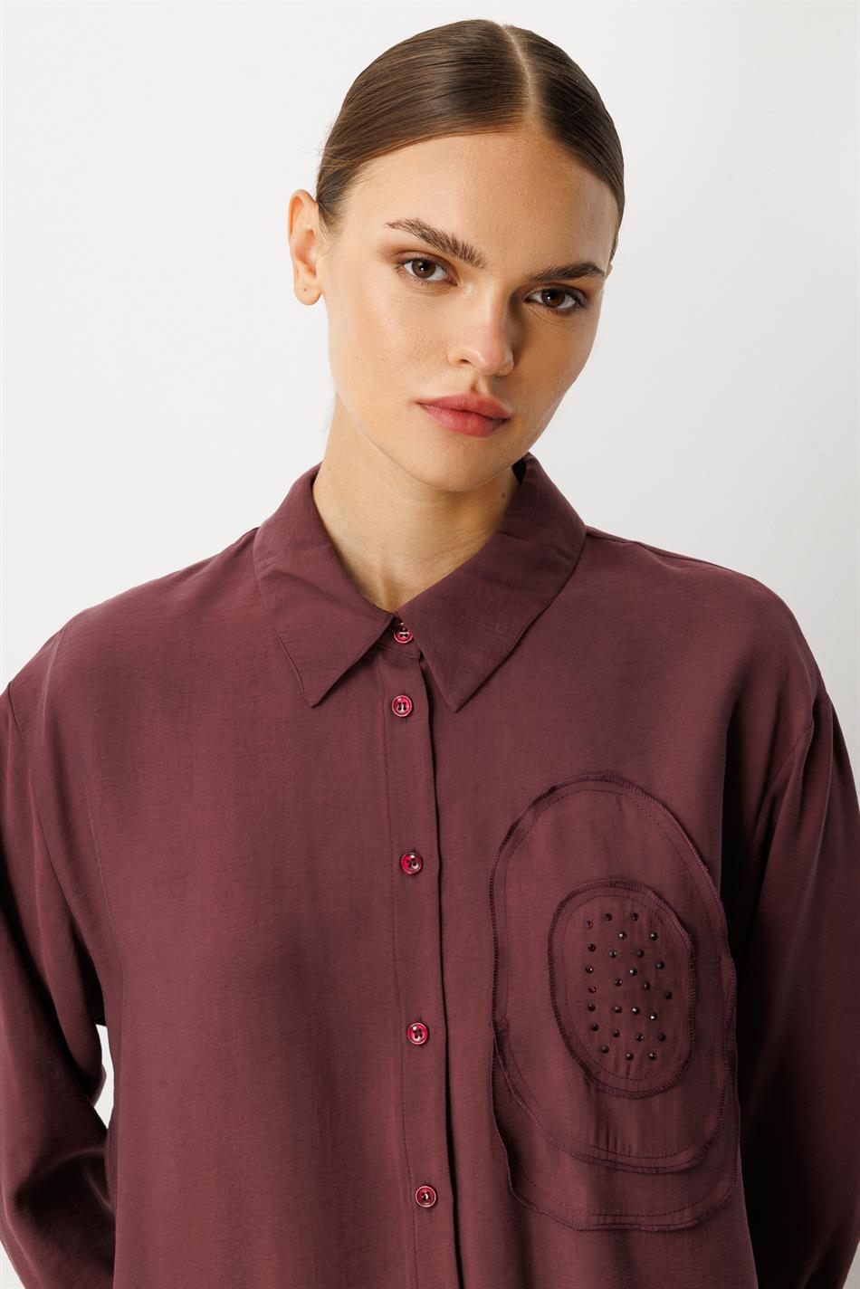 Handgemaakte tuniek met bloemenborduurwerk, gemaakt van zachte modal (90%) - bordeauxrood