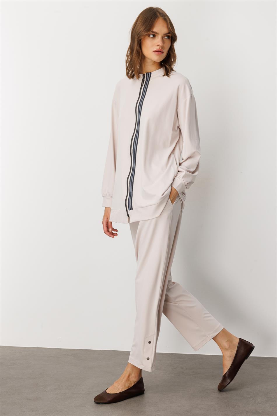 Soft Örme Miccell (%55 doğal) İçerik Dokuma Ön Garni Pantalon Kombin Takım-Taş