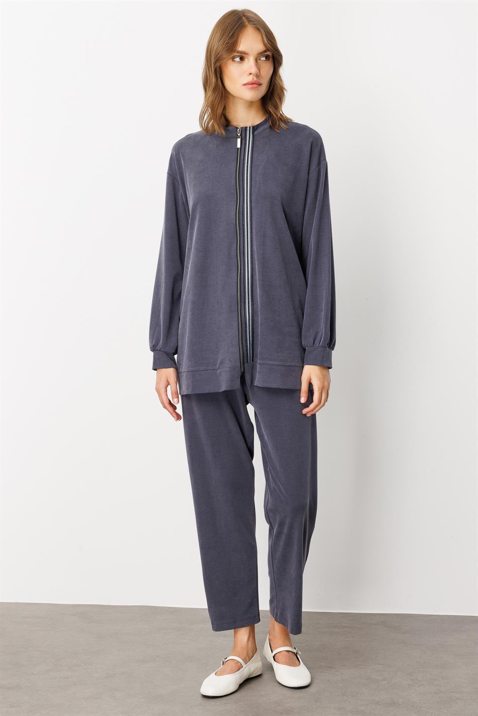 Zachte gebreide micellstof (55% natuurlijk) geweven broek met bies aan de voorkant - marineblauw