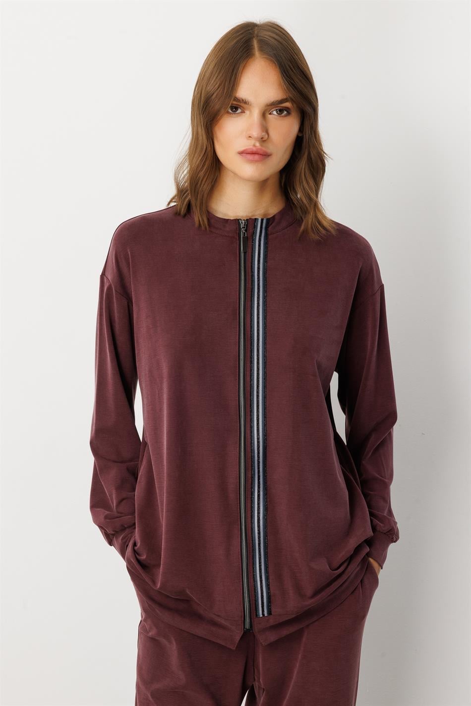 Soft Örme Miccell (%55 doğal) İçerik Dokuma Ön Garni Pantalon Kombin Takım-Bordo