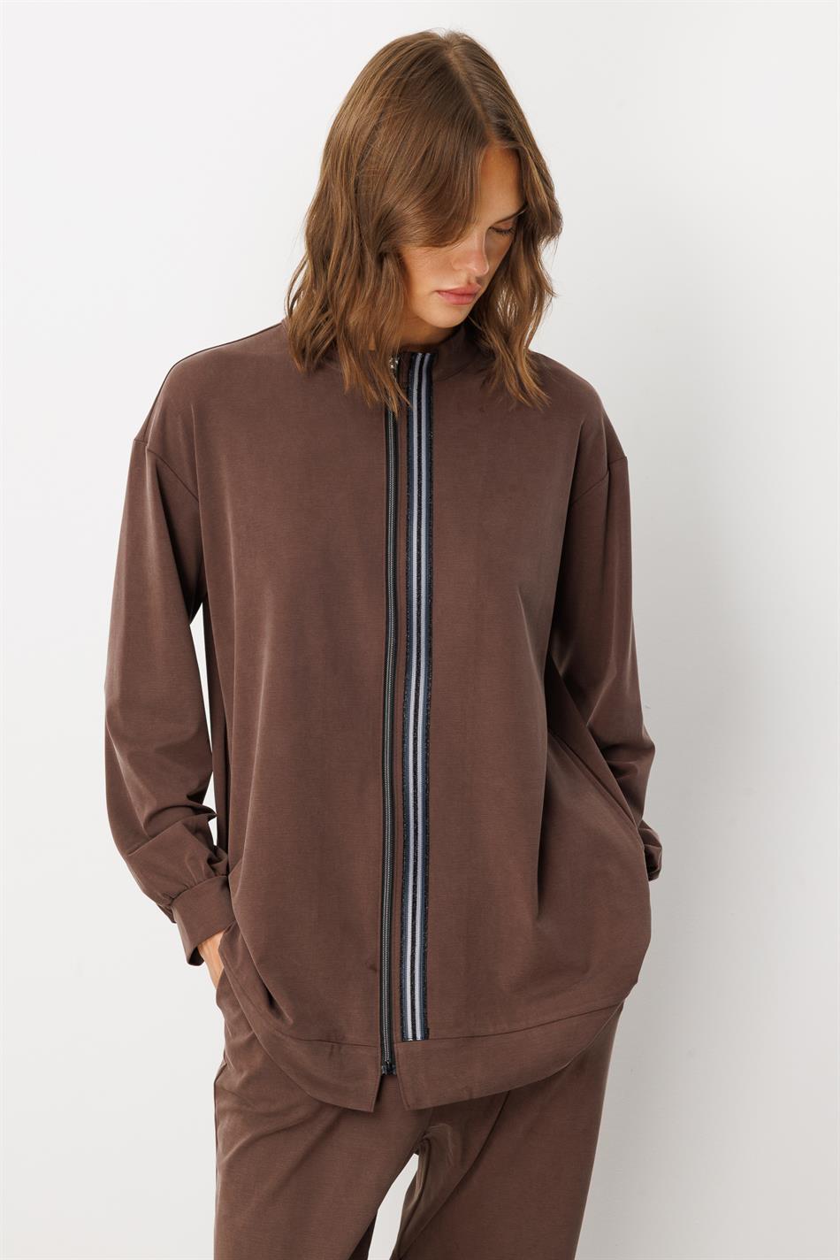 Zachte gebreide micellstof (55% natuurlijk) geweven broek met bies aan de voorkant - Koffie