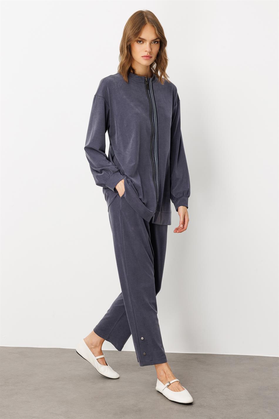 Zachte gebreide micellstof (55% natuurlijk) geweven broek met bies aan de voorkant - marineblauw