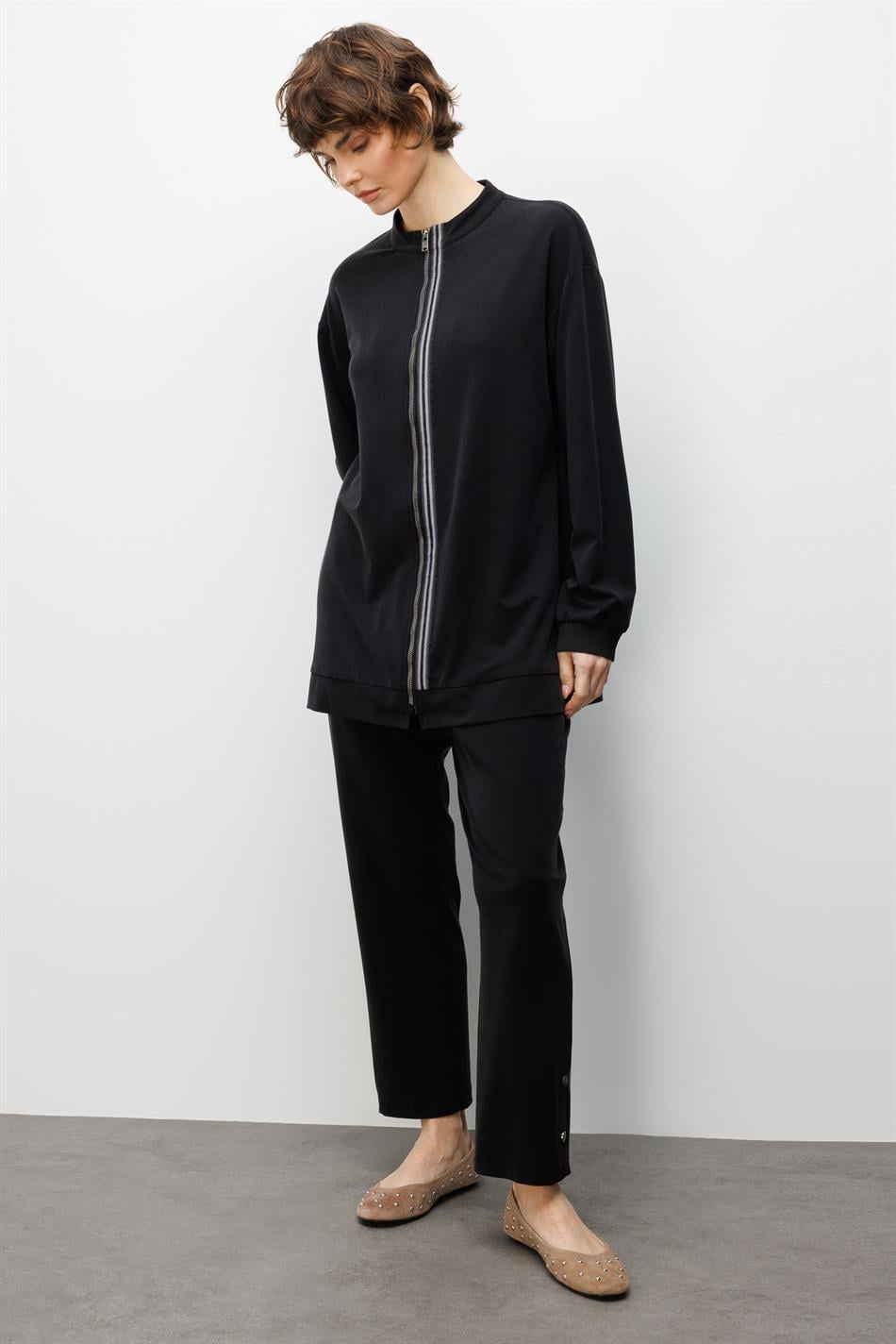 Soft Örme Miccell (%55 doğal) İçerik Dokuma Ön Garni Pantalon Kombin Takım-Siyah