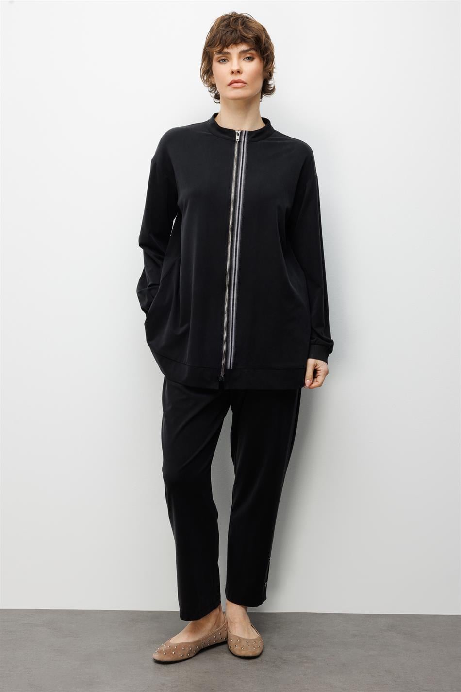 Soft Örme Miccell (%55 doğal) İçerik Dokuma Ön Garni Pantalon Kombin Takım-Siyah