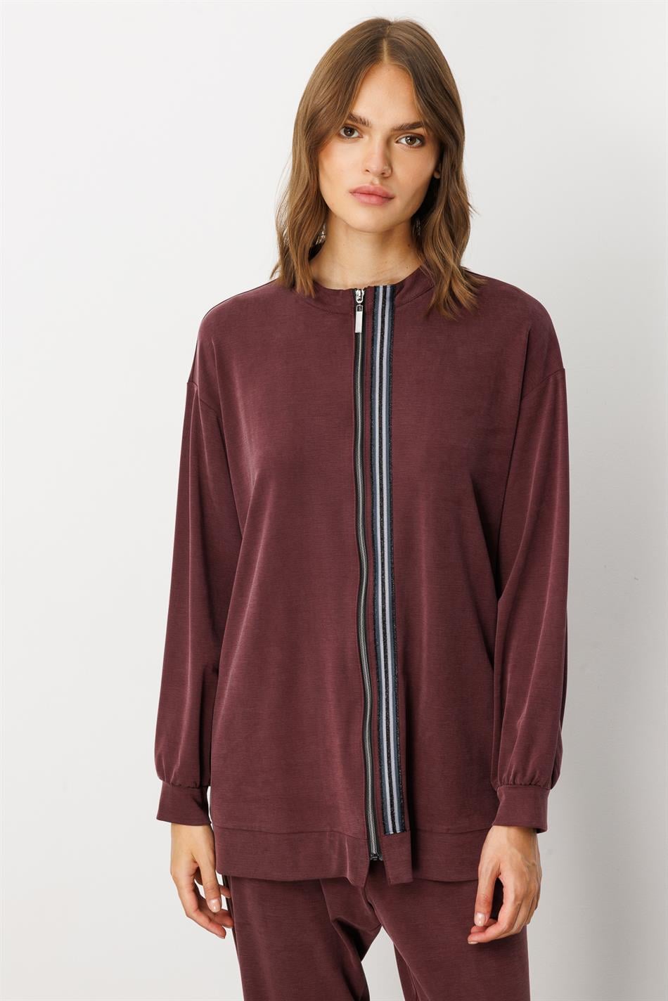 Soft Örme Miccell (%55 doğal) İçerik Dokuma Ön Garni Pantalon Kombin Takım-Bordo