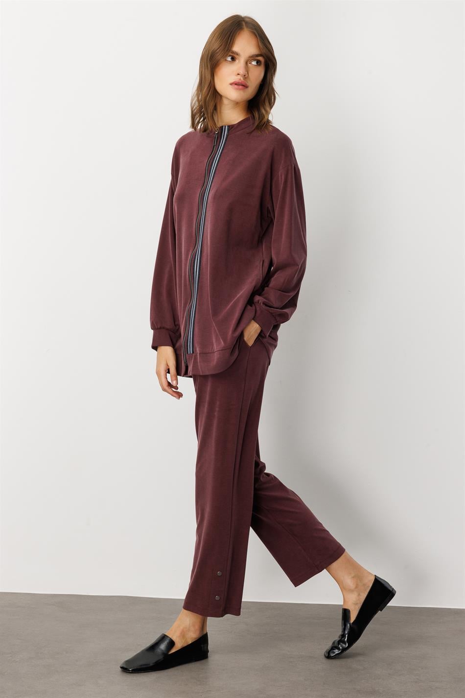 Soft Örme Miccell (%55 doğal) İçerik Dokuma Ön Garni Pantalon Kombin Takım-Bordo