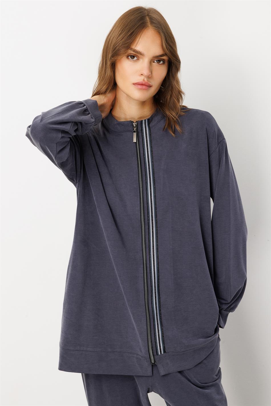 Zachte gebreide micellstof (55% natuurlijk) geweven broek met bies aan de voorkant - marineblauw