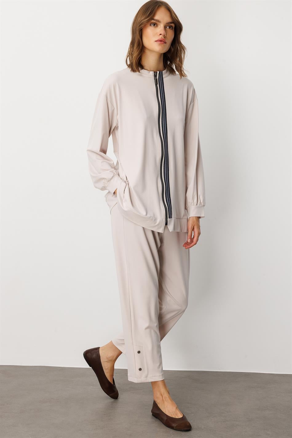 Soft Örme Miccell (%55 doğal) İçerik Dokuma Ön Garni Pantalon Kombin Takım-Taş