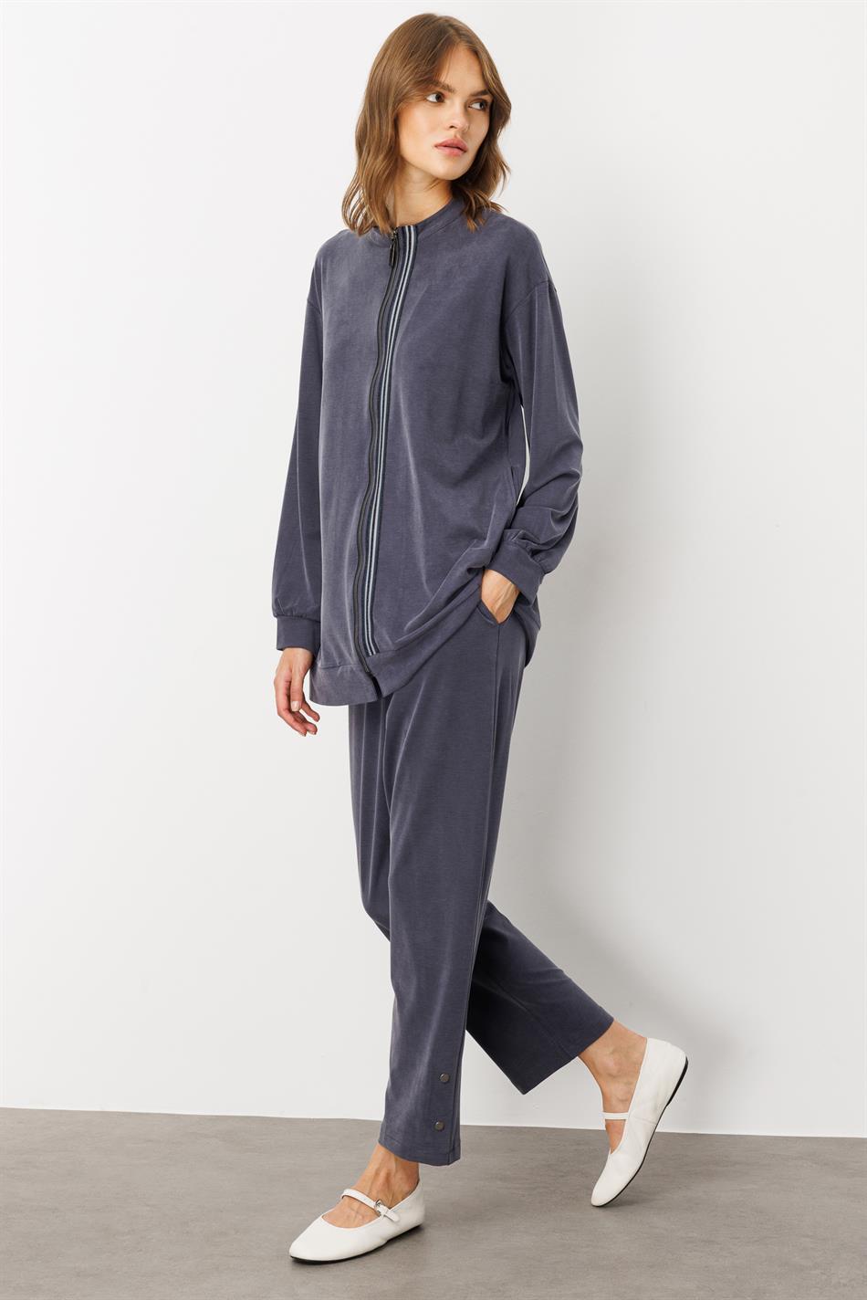 Zachte gebreide micellstof (55% natuurlijk) geweven broek met bies aan de voorkant - marineblauw