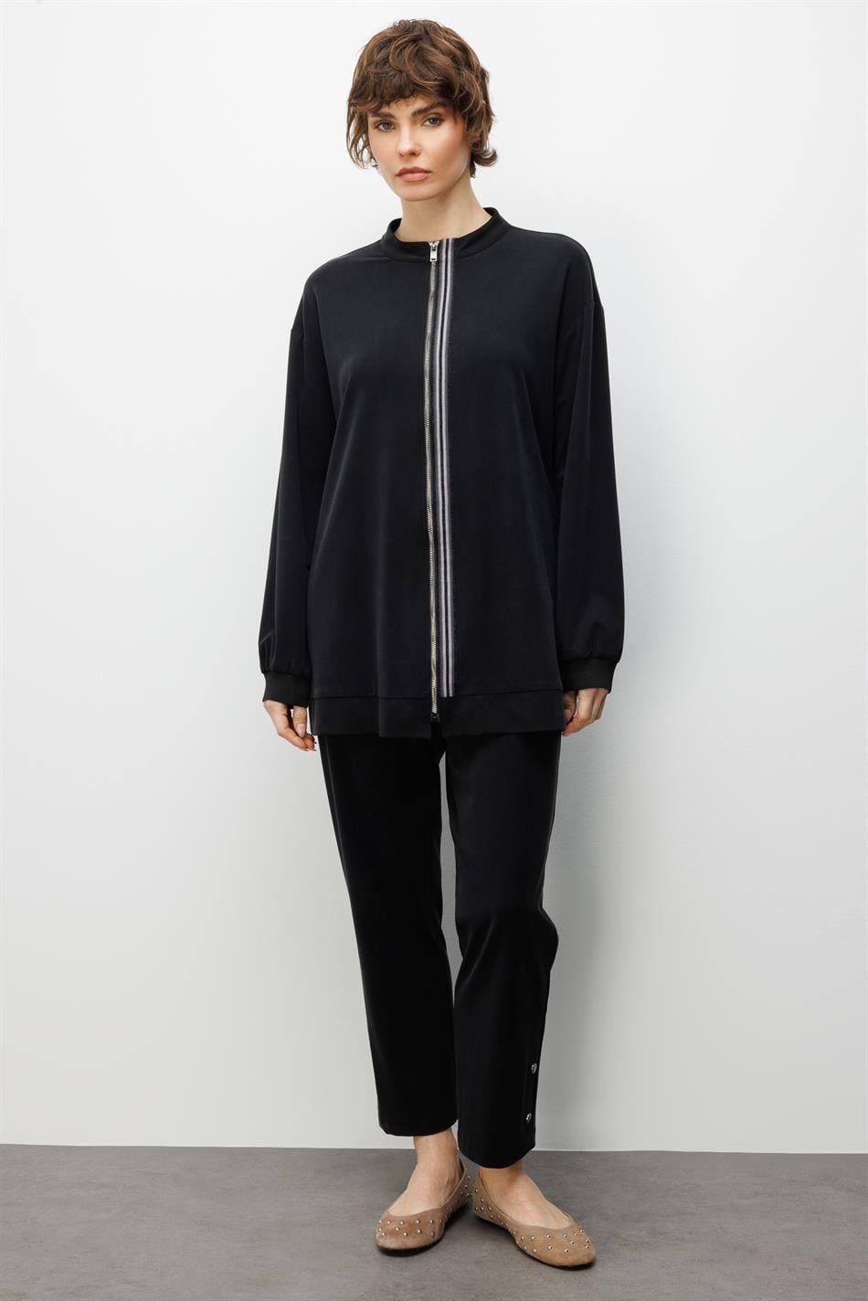 Soft Örme Miccell (%55 doğal) İçerik Dokuma Ön Garni Pantalon Kombin Takım-Siyah