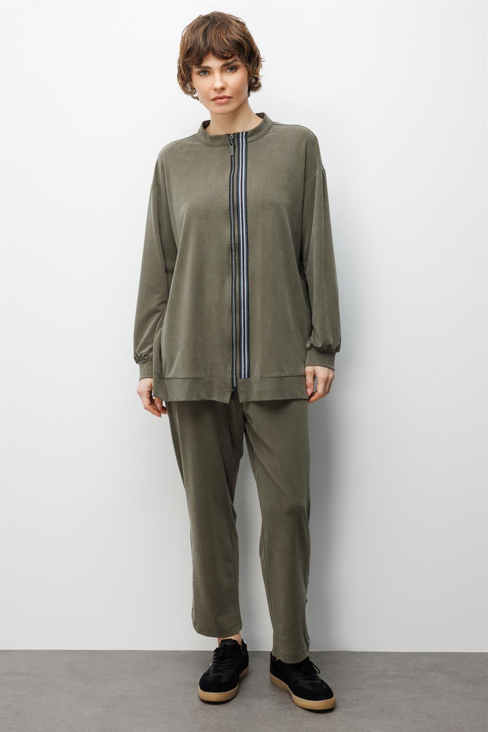 Zachte gebreide Miccell (55% natuurlijk) stof, geweven afwerking aan de voorkant, broekcombinatieset - Khaki