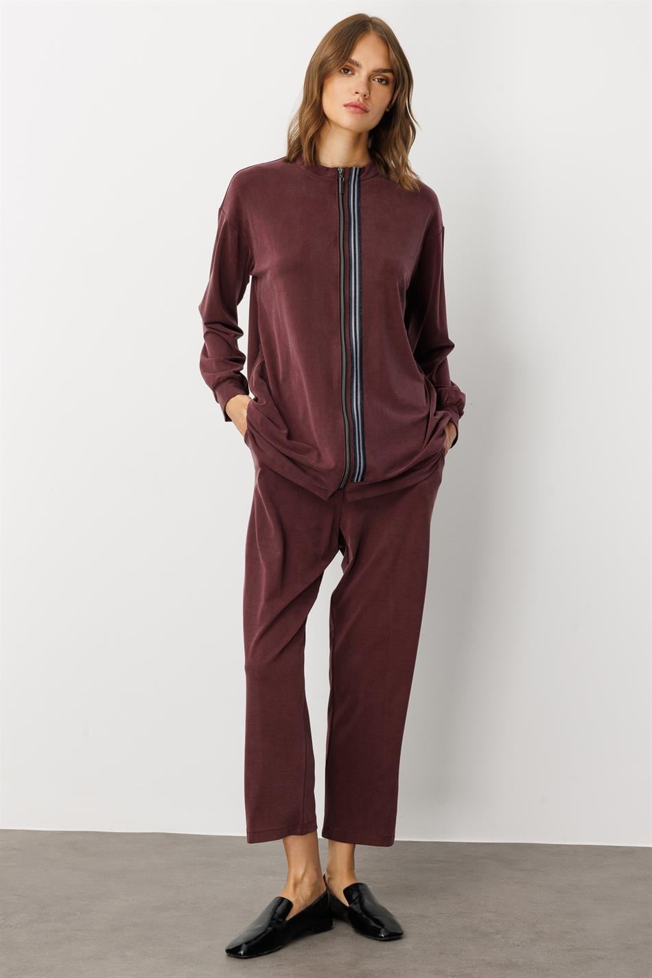 Soft Örme Miccell (%55 doğal) İçerik Dokuma Ön Garni Pantalon Kombin Takım-Bordo