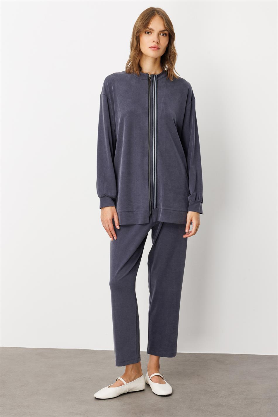 Zachte gebreide micellstof (55% natuurlijk) geweven broek met bies aan de voorkant - marineblauw